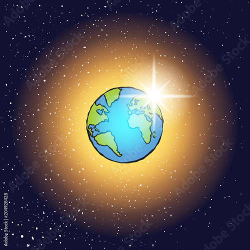 Christian Seven Days of Creation concept. Day Four, the stars, the sun and the moon. Genesis. Bible creation story. Earth illustration cartoon with sun and stars behind in dark space. Vector.