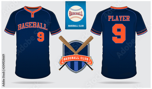 Baseball jersey, sport uniform, raglan t-shirt sport, short, sock template. Baseball t-shirt mock up. Front and back view baseball uniform. Flat baseball logo on blue label. Vector Illustration.