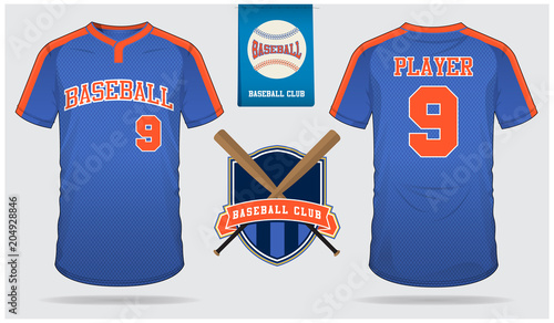 Baseball jersey, sport uniform, raglan t-shirt sport, short, sock template. Baseball t-shirt mock up. Front and back view baseball uniform. Flat baseball logo on blue label. Vector Illustration.