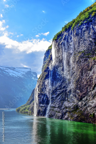 Geiranger Fjord with Waterfall in beautiful scenery