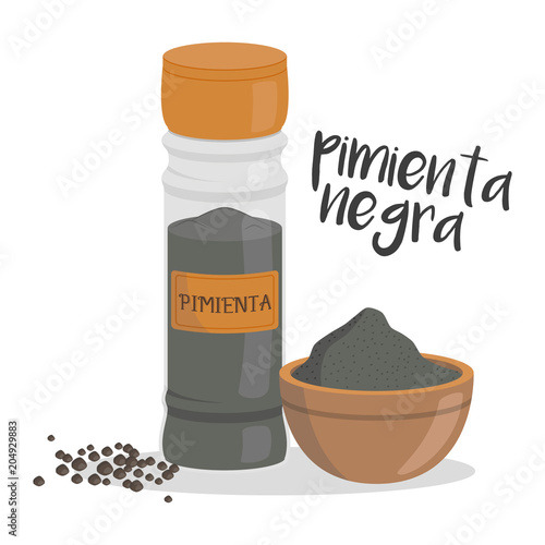 Vector black pepper illustration isolated in cartoon style. Spanish name. Herbs and Species Series