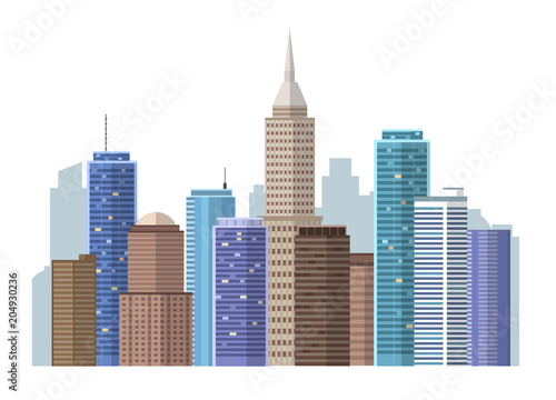 Vector flat big city landscape isolated on white background