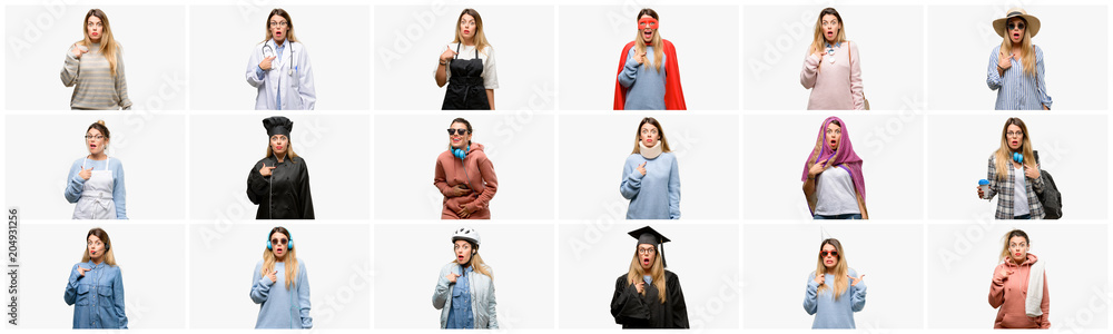 Cool woman, different professions happy and surprised cheering expressing wow gesture, pointing with finger Cool woman, different professions happy and surprised cheering expressing wow gesture, pointing with finger