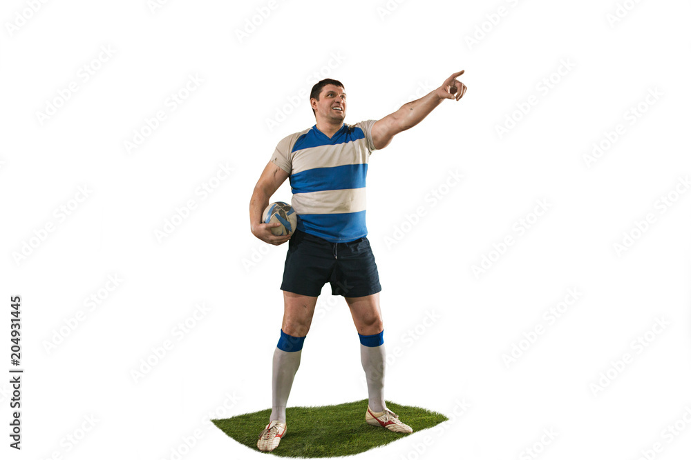 The silhouette of one caucasian rugby man player isolated on white background