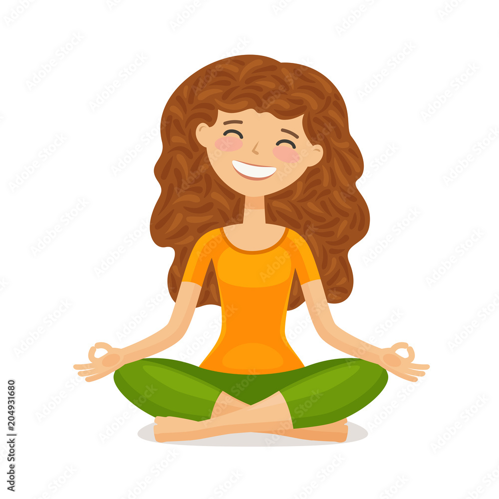 Cute girl doing yoga. Relaxation, meditation concept. Funny cartoon vector  illustration Stock Vector | Adobe Stock