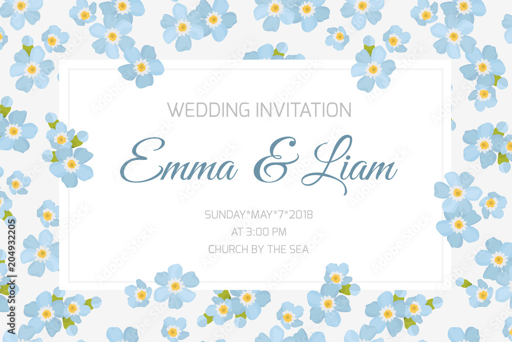 Wedding marriage event invitation card template. Rectangular border frame decorated with sky blue forget-me-not myosotis flowers inflorescence. White background. Text placeholder. Landscape layout. Wedding marriage event invitation card template. Rectangular border frame decorated with sky blue forget-me-not myosotis flowers inflorescence. White background. Text placeholder. Landscape layout.