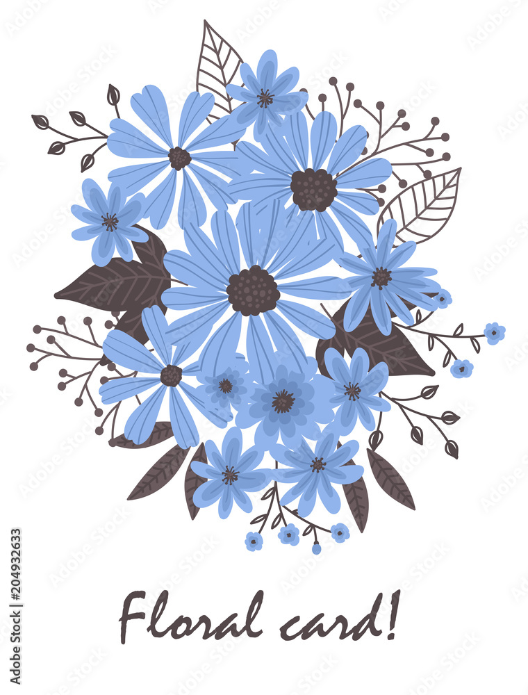 Bouquet made of various blue flowers and leaves. Template design with space for text.