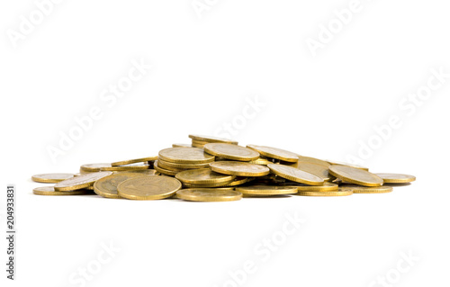 Stacks of golden coins on white background.