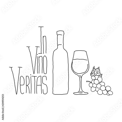 Vector illustration. In Vino Veritas. Hand drawn. Bottle, glass and grape. No background.