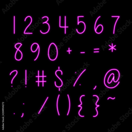 Neon Effect Pink Light Number And Symbol Set