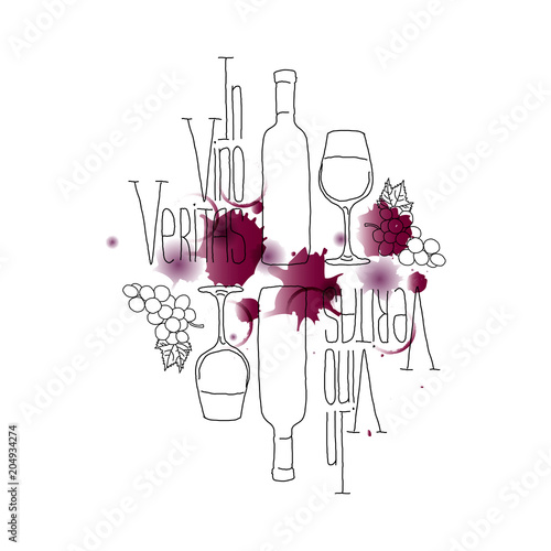 Vector illustration. In Vino Veritas. Hand drawn. Bottle, glass and grape. No background.