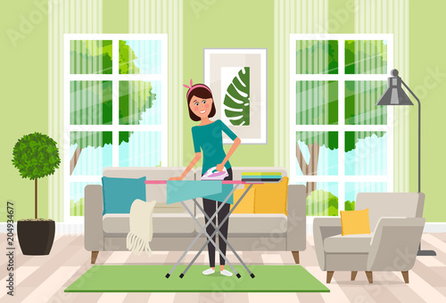 A housewife ironing clothes ironing on the ironing board. Vector flat illustration.