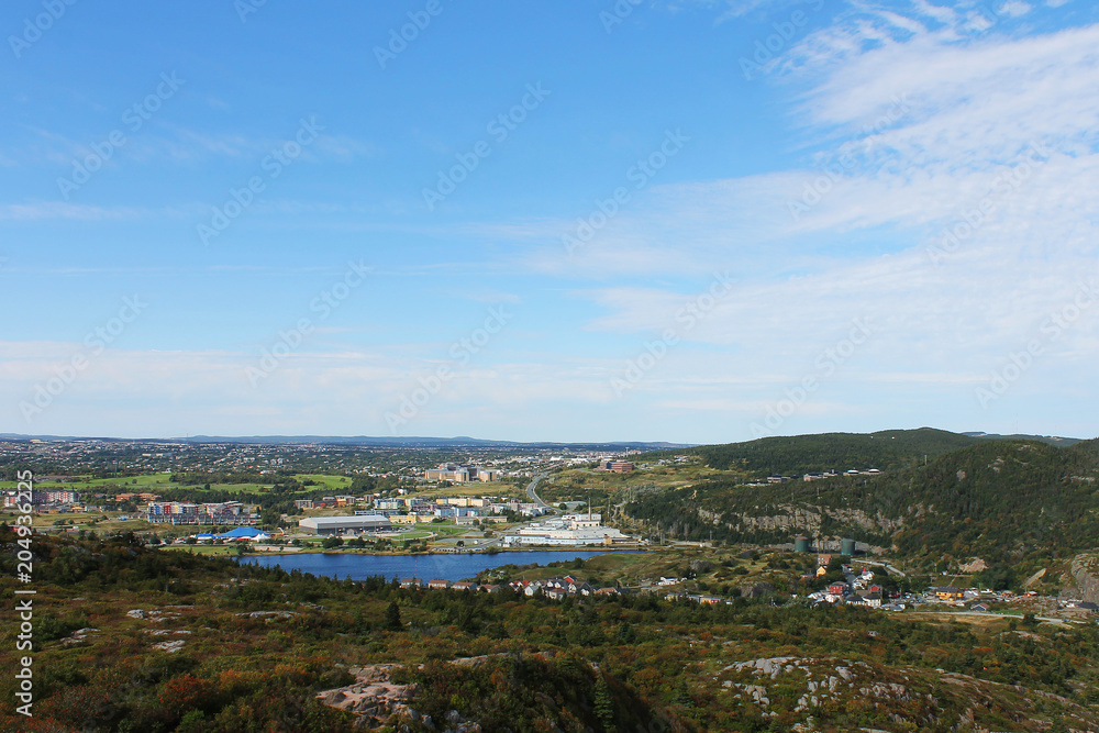 Panoramic view of coastline and east end of St. John's, including Quidi Vidi Village, Quidi Vidi Lake, and Pleasantville, St. John's, Newfoundland and Labrador, Canada