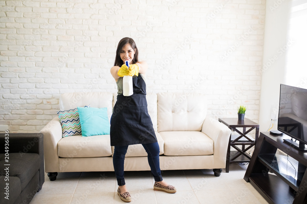 Cute woman enjoying cleaning living room Cute woman enjoying cleaning living room