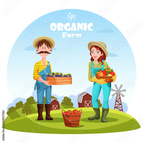 Farmer man and woman with garden harvest