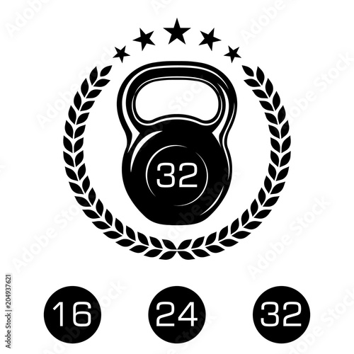 Athletic kettlebell with a laurel wreath and stars. Sports equipment icons for graphic design of logo, emblem, symbol, sign, badge, label, stamp, isolated on white background. Vector illustration.