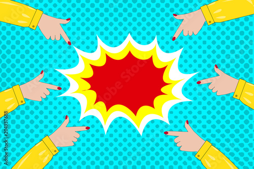 Pop art girls pointing at the speech bubble. Retro illustration