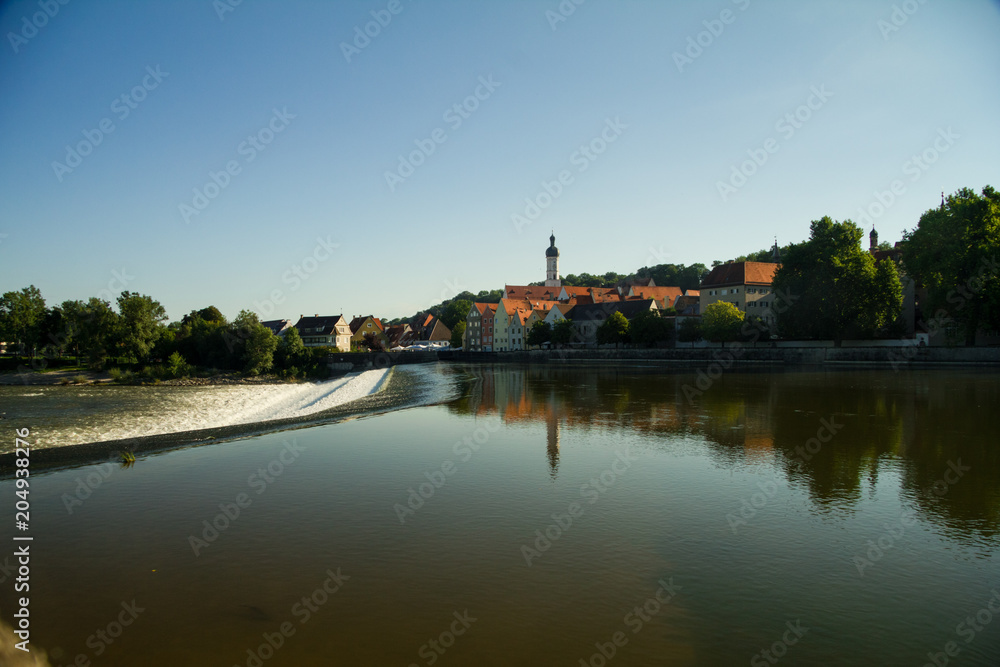 Historical Old Town of Landsberg am Lech river weir dam waterfall, Bavaria, Germany Europe travel destinations