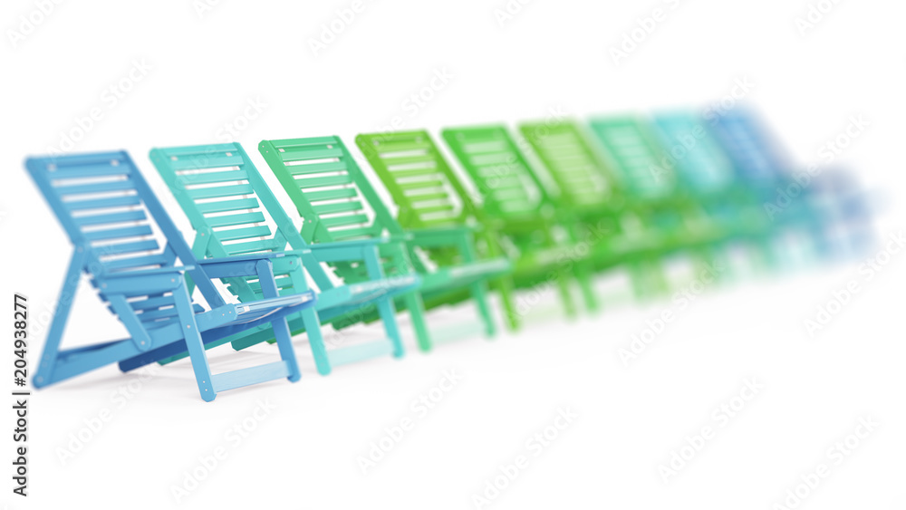 Sunbeds on a white background. Set. Gradient. 3D rendering. Sunbeds on a white background. Set. Gradient. 3D rendering.
