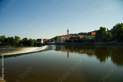 Historical Old Town of Landsberg am Lech river weir dam waterfall, Bavaria, Germany Europe travel destinations