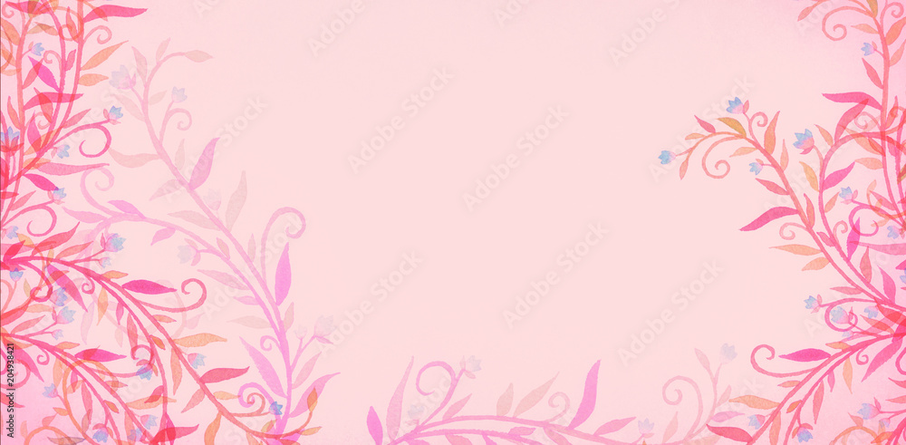 Pink background with tiny flowers and vines in romantic valentine's day or cute mother's day design or beautiful baby girl shower colors. Hand painted watercolor flower design. Pink background with tiny flowers and vines in romantic valentine's day or cute mother's day design or beautiful baby girl shower colors. Hand painted watercolor flower design.