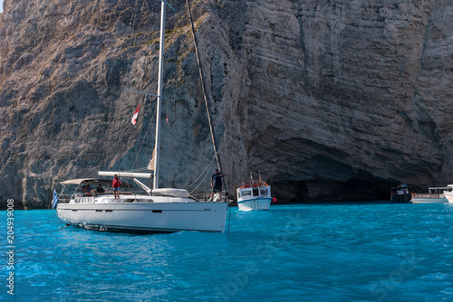 ZAKYNTHOS, GREECE, September 27, 2017: Cruise boats in bay of Navagio beach on the island of Zakynthos. Greece.