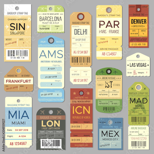 Old luggage tag or label with flight register symbol. Isolated vintage baggage tags and tickets vector set photo