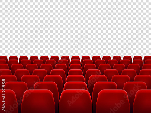 Seats at empty movie hall or seat chair for film screening room. Isolated red armchairs for cinema, theater or opera vector background