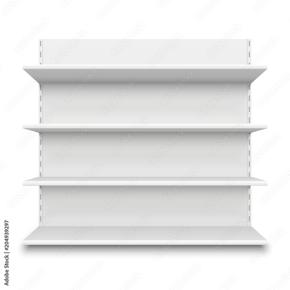 Empty supermarket shelf. Retail store white blank shelves for merchandise.  Isolated shelving stand vector illustration Stock Vector | Adobe Stock