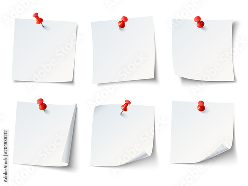 White paper notes on red thumbtack. Top view note sticker with pins vector set