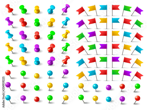 Colors pushpin, pinned flag, and thumbtack. Push pins for pushing on map board isolated vector set
