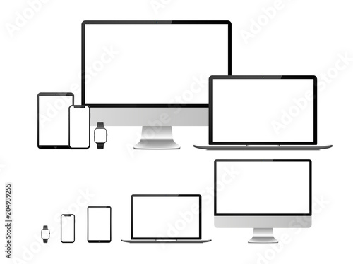 Computer, laptop, tablet, smartphone and smart watch device with blank white screen. Devices mockup for presentation isolated vector set