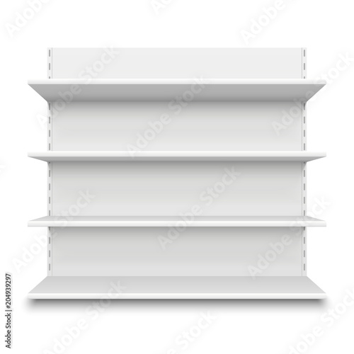 Empty supermarket shelf. Retail store white blank shelves for merchandise. Isolated shelving stand vector illustration