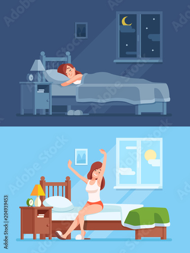 Lady sleeping under duvet at night, waking up in morning and stretching sitting on mattress. Woman sleep in bed cartoon vector concept