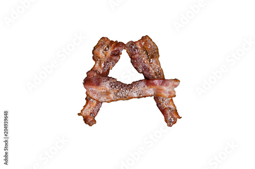 Bacon shaped as the word A on white background keto food