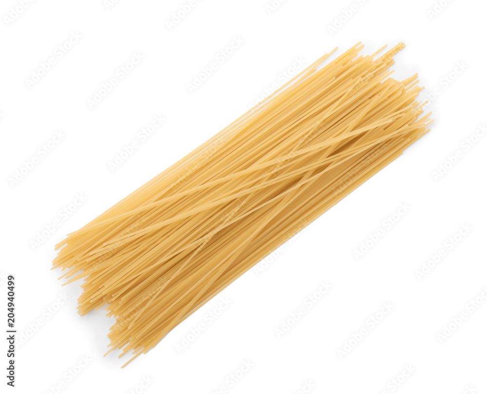 Uncooked pasta on white background, top view