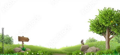 Banner with natural landscape. Fantasy style. Wood and hills. Illustration of a fairy tale. Vector