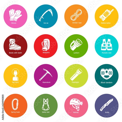Speleology equipment icons set colorful circles vector