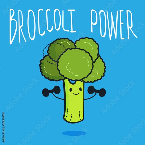 Cute broccoli cartoon character doing exercises with dumbbells. Eating healthy and fitness. Flat retro style concept illustration
