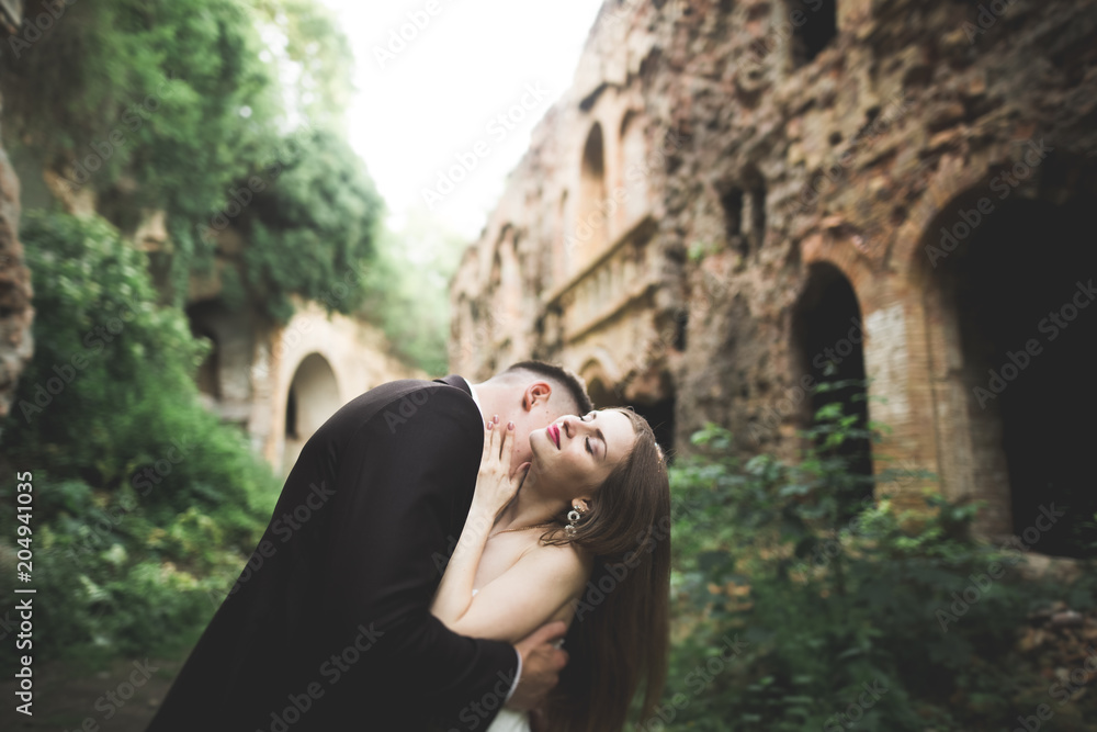 Just married poses and kissing with an old fortress on the background Just married poses and kissing with an old fortress on the background