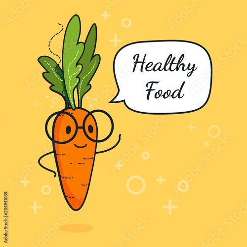 Carrot with speech bubble. Balloon sticker. Cool vegetable. Vector illustration. Carrot clever nerd character on a yellow background. Healthy food concept. Smart vegan diet poster