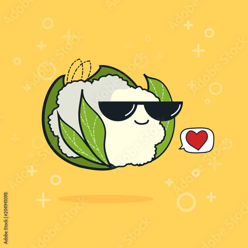 Illustration cartoon funny cauliflower icon with black sunglasses isolated, vegan concept, cauliflower love