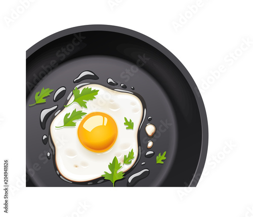 Pan with fried egg. Cooking foods. Scrambled eggs. Top view.