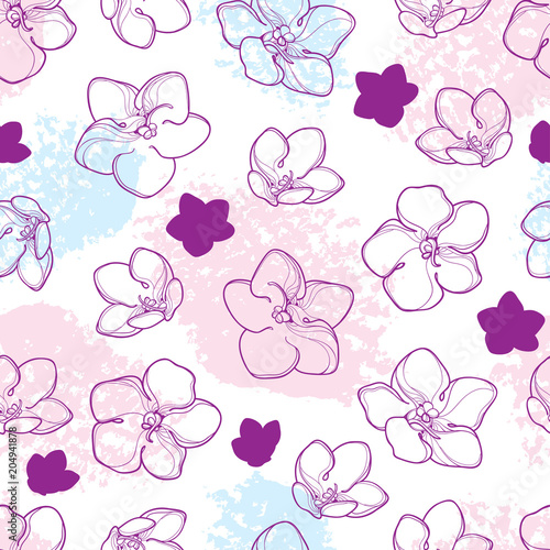 Vector seamless pattern with outline Saintpaulia or African violet flower in pastel pink and purple colors on the white background. Floral pattern with Viola in contour style for summer design.
