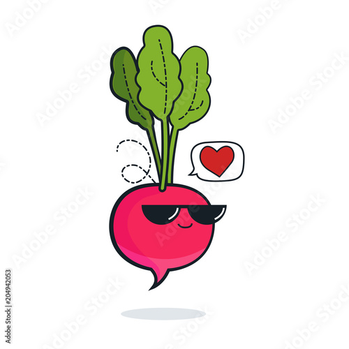 Illustration cartoon funny radish icon with black sunglasses isolated, vegan concept, vegan love