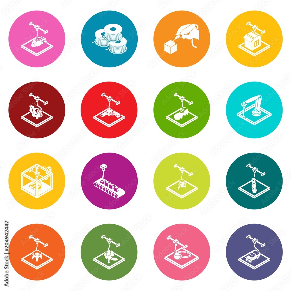 3d printing icons set colorful circles vector