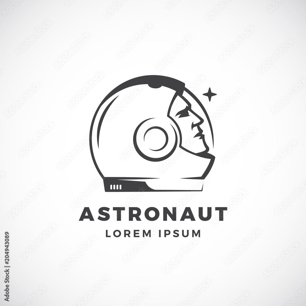 Astronaut Abstract Vector Sign, Emblem, Icon or Logo Template. Face in a Space Suit Helmet Silhouette Looking at the Star.