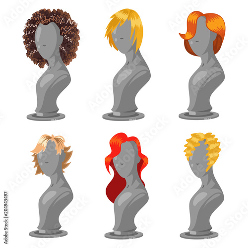 Woman hair style on fashion mannequin. Female wigs of different shapes and colors. Vector cartoon set isolated on a white background.