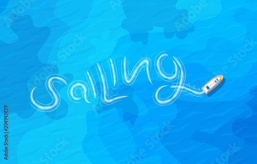 sailing boat on blue sea top aerial view .trail on water surface