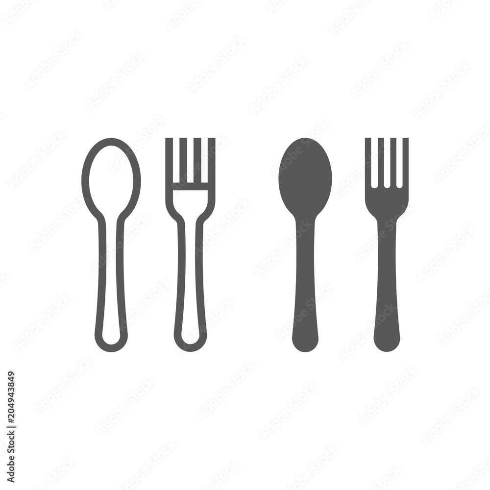 Fork and spoon line and glyph icon, kitchen and cooking, diner sign vector graphics, a linear pattern on a white background, eps 10. Fork and spoon line and glyph icon, kitchen and cooking, diner sign vector graphics, a linear pattern on a white background, eps 10.